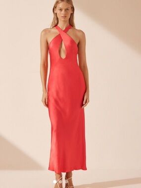 Shona Joy Cross Front Midi Dress in Coral